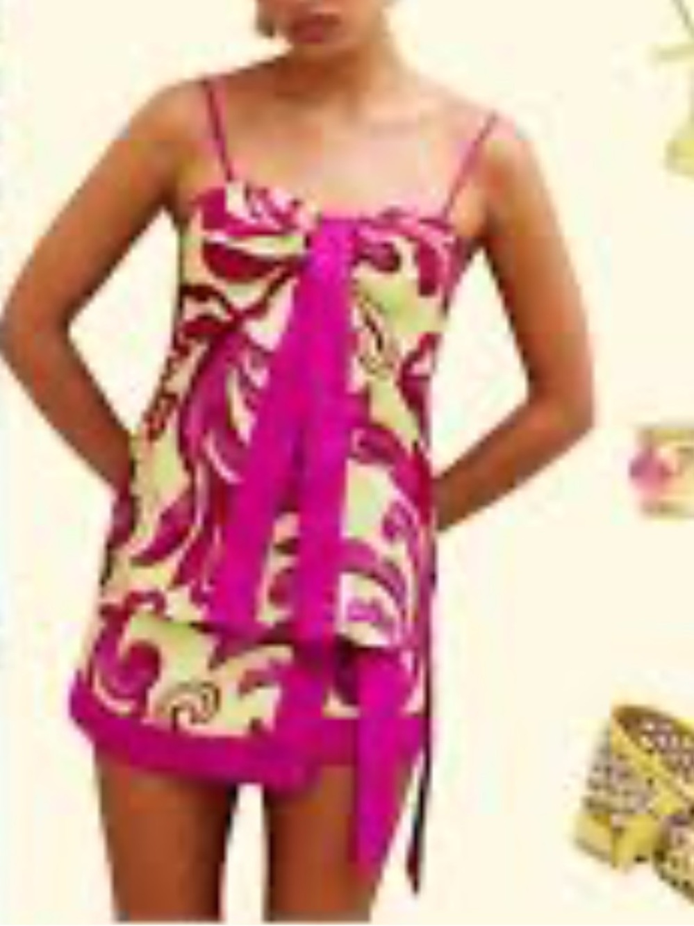 Women's Pink and Yellow Printed Tie-Front Camisole Dress